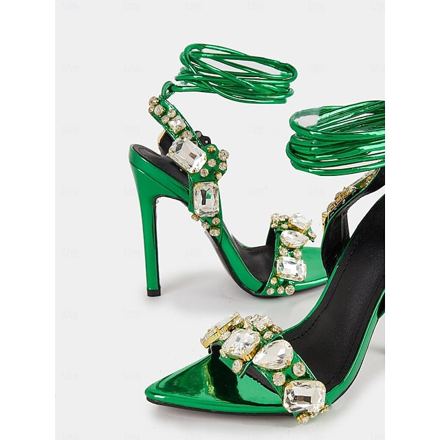 Women's Metallic with Stiletto Lace-Up Green Heels