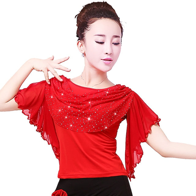Latin Dance Ballroom Dance Sparkle Top Ruffles Pure Color