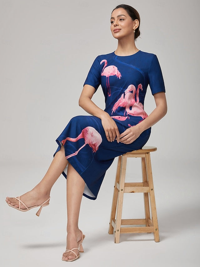 Women's Casual Dress Royal Blue Short Sleeve Flamingo