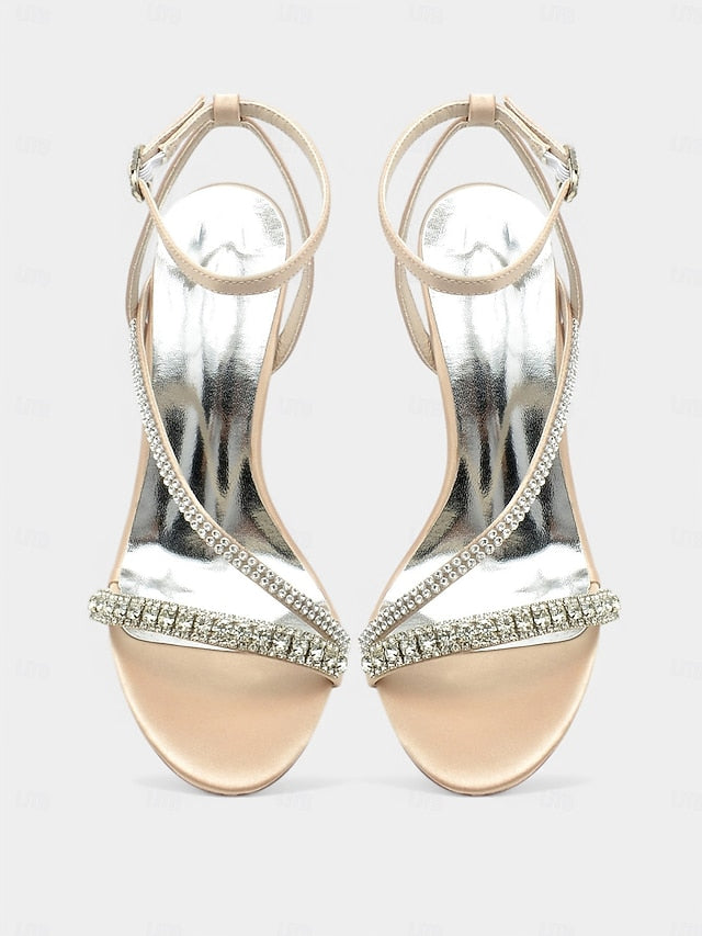Champagne Sophisticated Strappy Heels Rhinestone Satin –