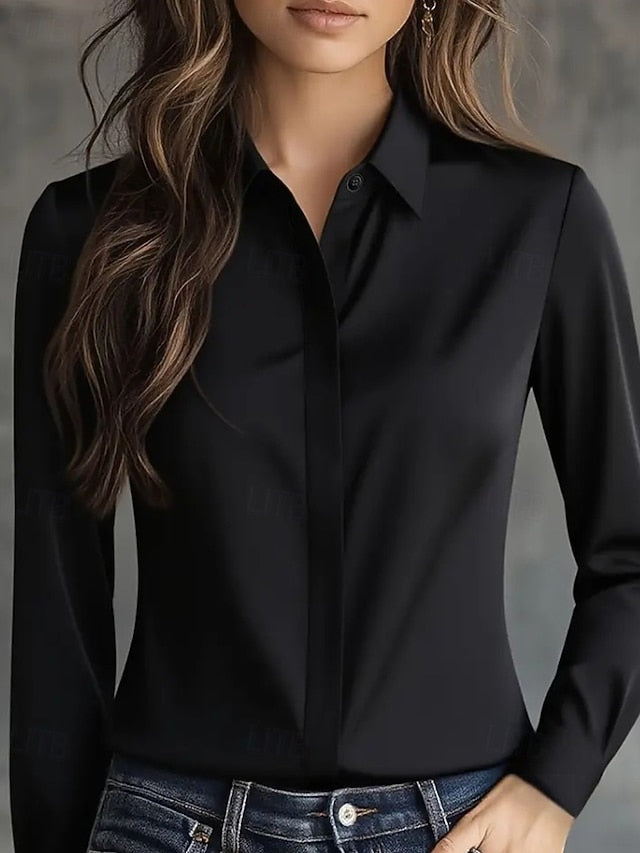 Women's Shirt Elegant Dressy Satin Top Buttons Plain