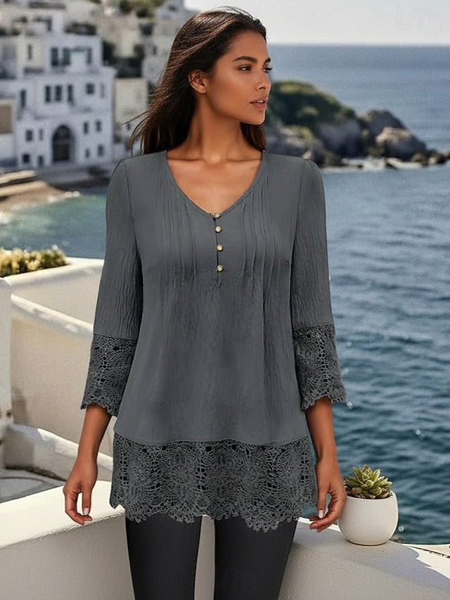 Women's Boho Shirt Tunic Lace Buttons Solid Color Plain