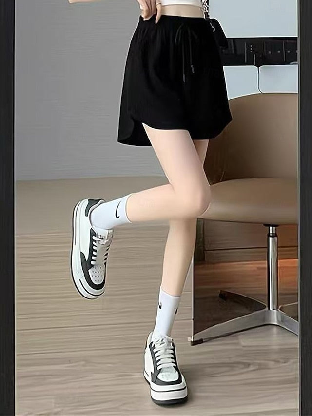 Summer solid color high waisted sports and leisure drawstring