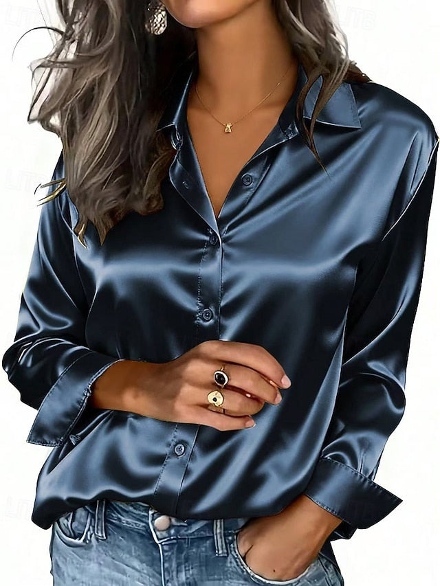 Women's Shirt Elegant Satin Top Blouse Buttons Plain Active