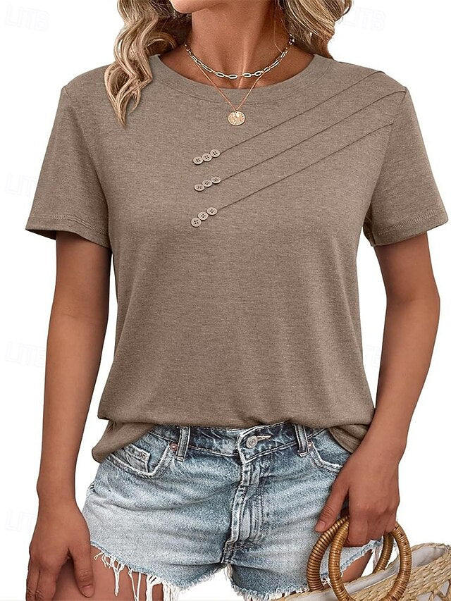 Women's T Shirt Summer Tops Patchwork Buttons Solid Color