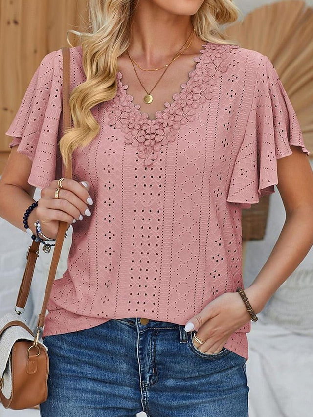 Women's Pointelle Shirt Eyelet Top Lace Shirt Lace Short