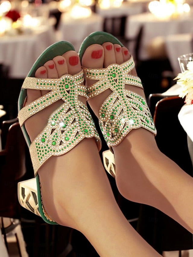 Rhinestone Embellished Heeled Gold and - Sandals Green