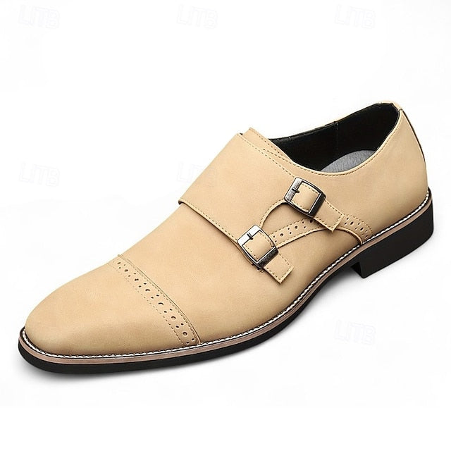 with Beige Leather Men's Strap Shoes Double Monk Faux
