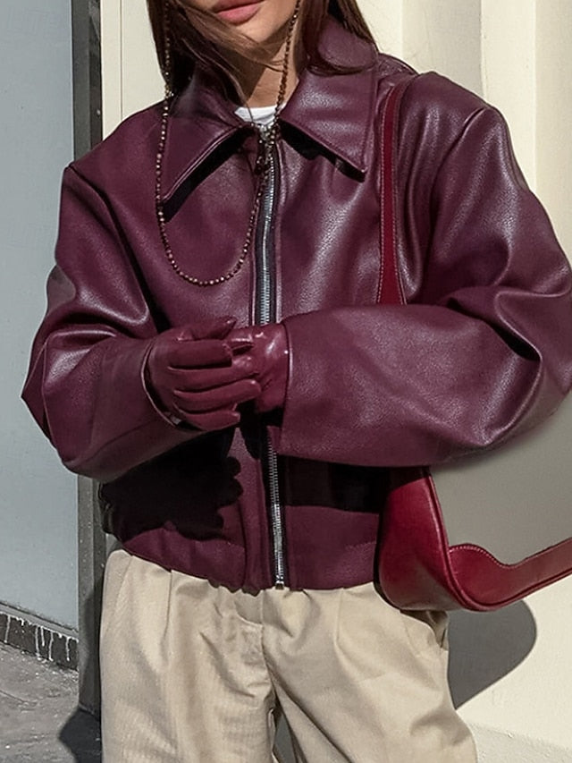 Warm Pocket Faux Leather Comfortable Zipper Jacket Women's