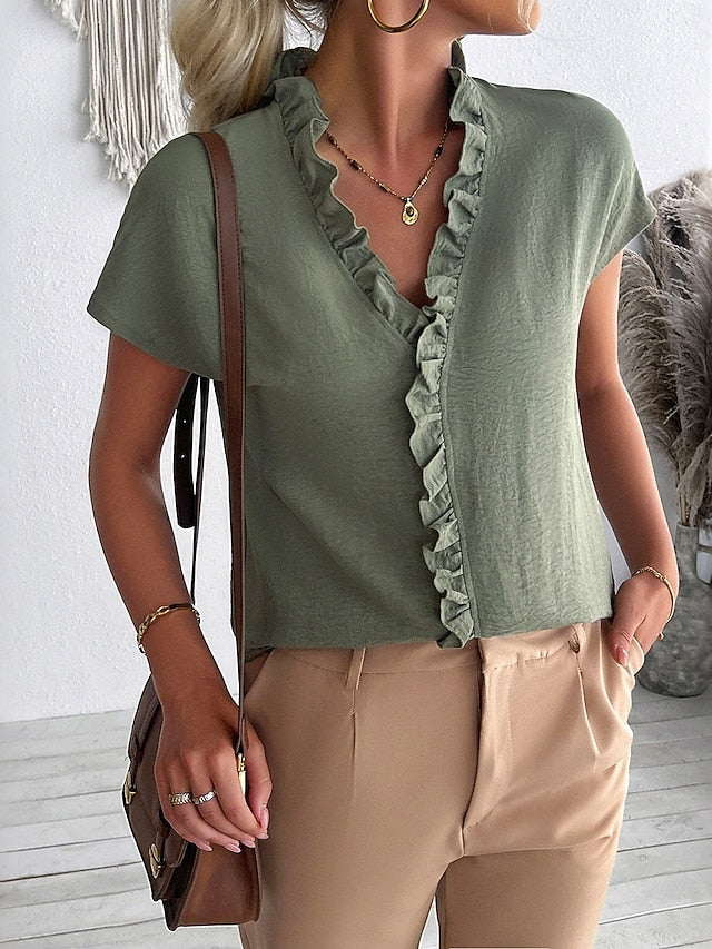 Women's Blouse Ruffle Patchwork Solid Color Stylish Basic