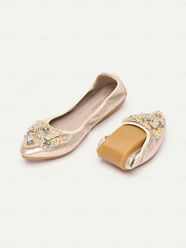 Gold Women's Crystal Foldable Glitter Flats with
