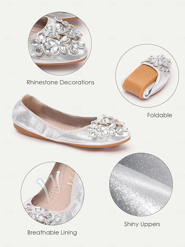 Women's Flats Foldable Silver with Rhinestone