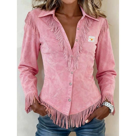 Women's Shirt Blouse Patchwork Buttons Fringe Plain Stylish