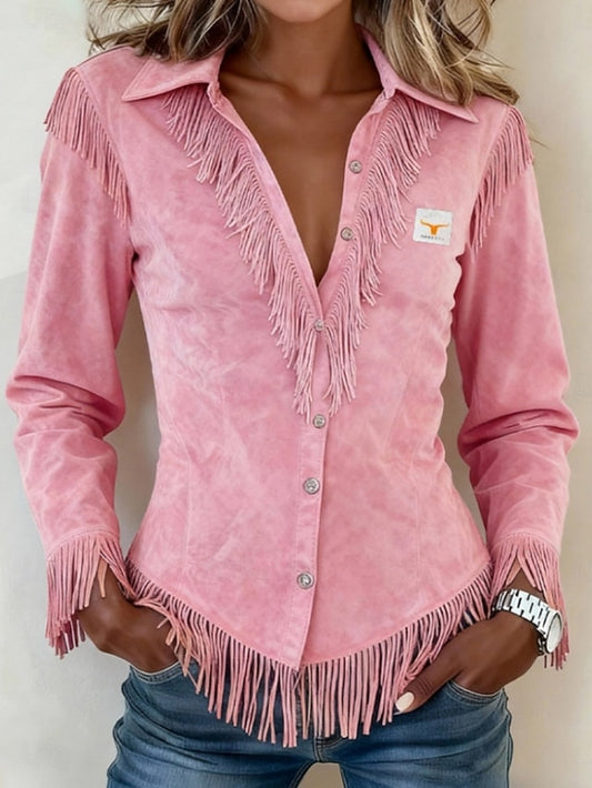 Women's Shirt Blouse Patchwork Buttons Fringe Plain Stylish