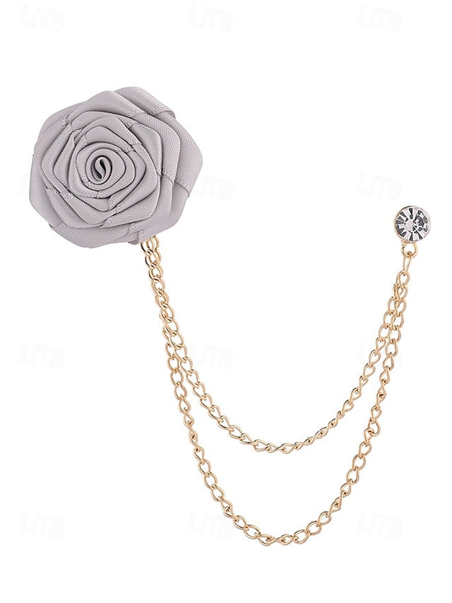 Men's Lapel Pin Rose with Chain Gold Elegant – Red