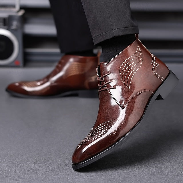 Brogue Burgundy Glossy Wingtip Ankle Faux Men's Leather