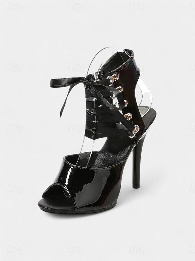 Patent Stiletto Lace-Up Black Sexy Cutout Sandals Women's -
