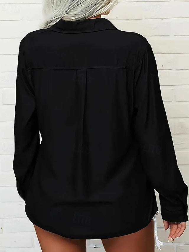 Women's Blouse Dressy Tops Ruched Pocket Buttons Solid