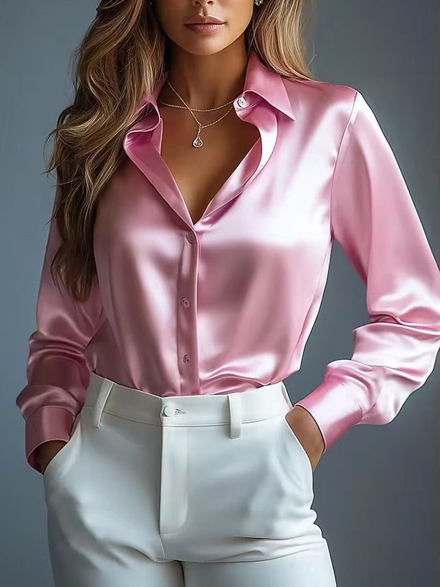 Women's Satin Shirt Dress Shirt Work Shirt Blouse Solid