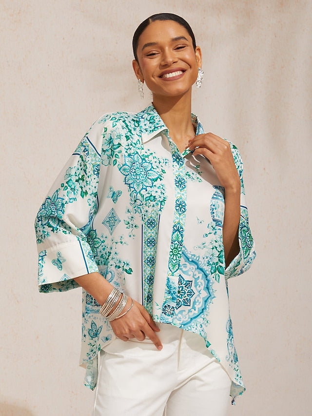 Celadon Bloom Story Silky Satin Dolman Sleeve Shirt