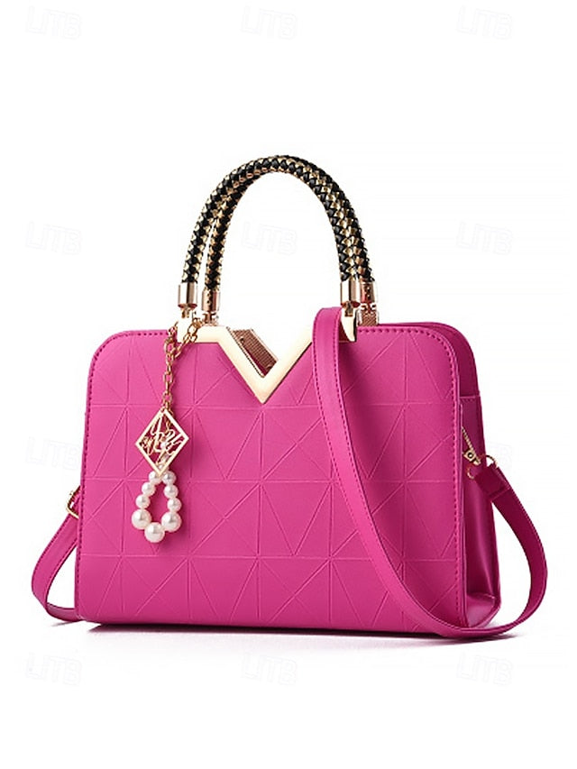 Women's Faux Leather Handbag with Pearl Pendant – Elegant