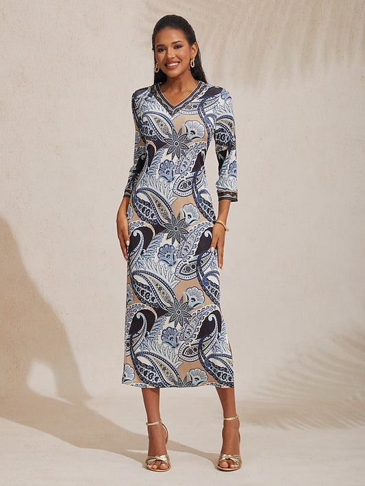 Knit Stretch Fitted Paisley Print Maxi Dress Vacation