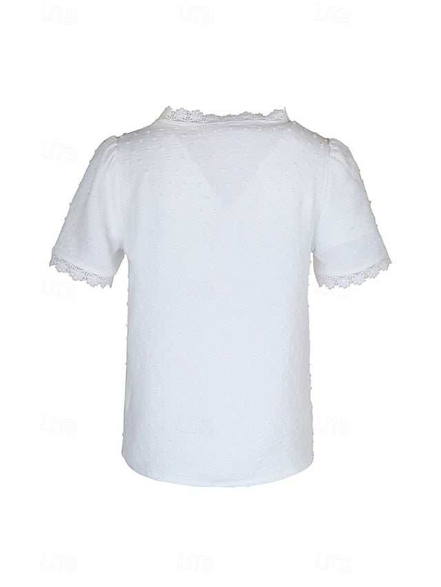 Women's T Shirt Lace Solid Color Fashion Short Sleeve V