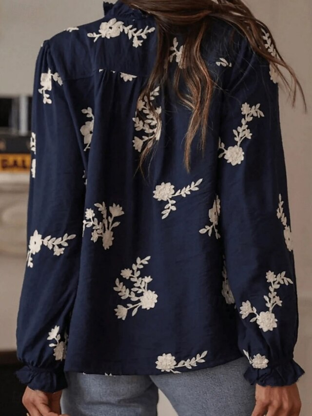 Women's Blouse Embroidered Buttons Floral Stylish Casual