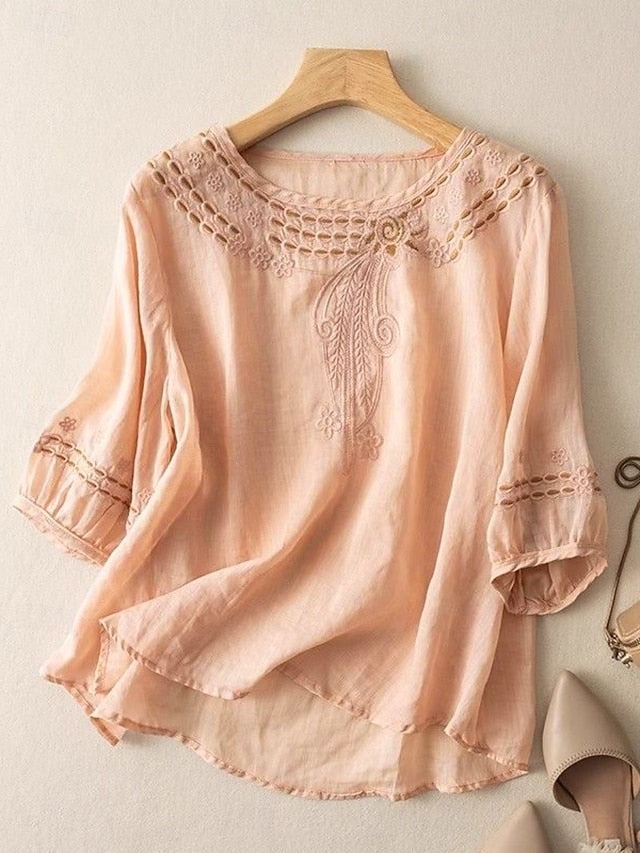 Women's Shirt Cotton Blend Blouse Lace Patchwork Solid