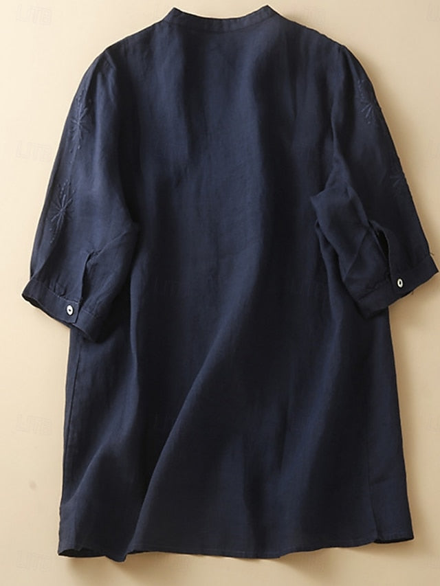 Women's Cotton Linen Blouse Embroidered Buttons Solid Color