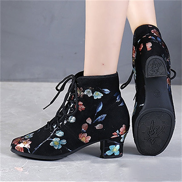 Black Low Floral Lace-up Comfortable Women Dance Shoes for –