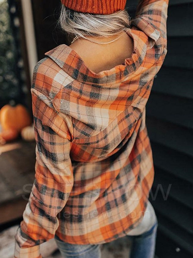 Women's Blouse Buttons Print Plaid Vintage Casual Long