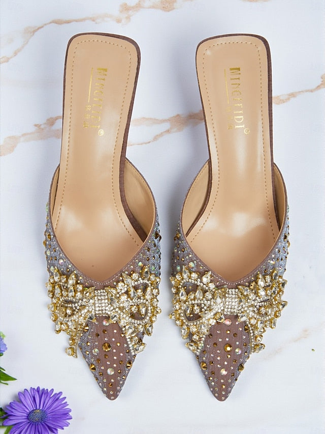 Glitter Slip-On Rhinestone Mules Women's Toe - Pointed