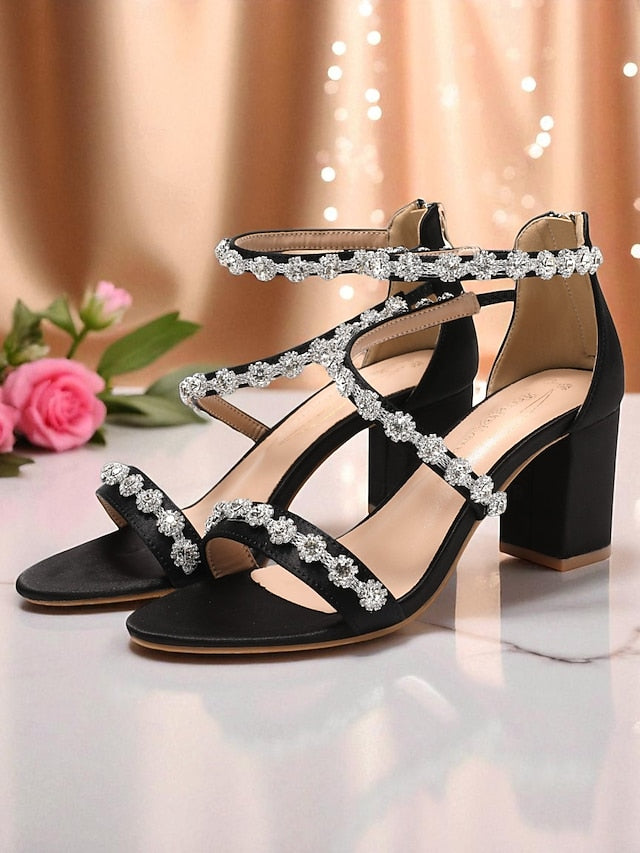 Rhinestone Open Sandals Heel White Elegant Block Women's -