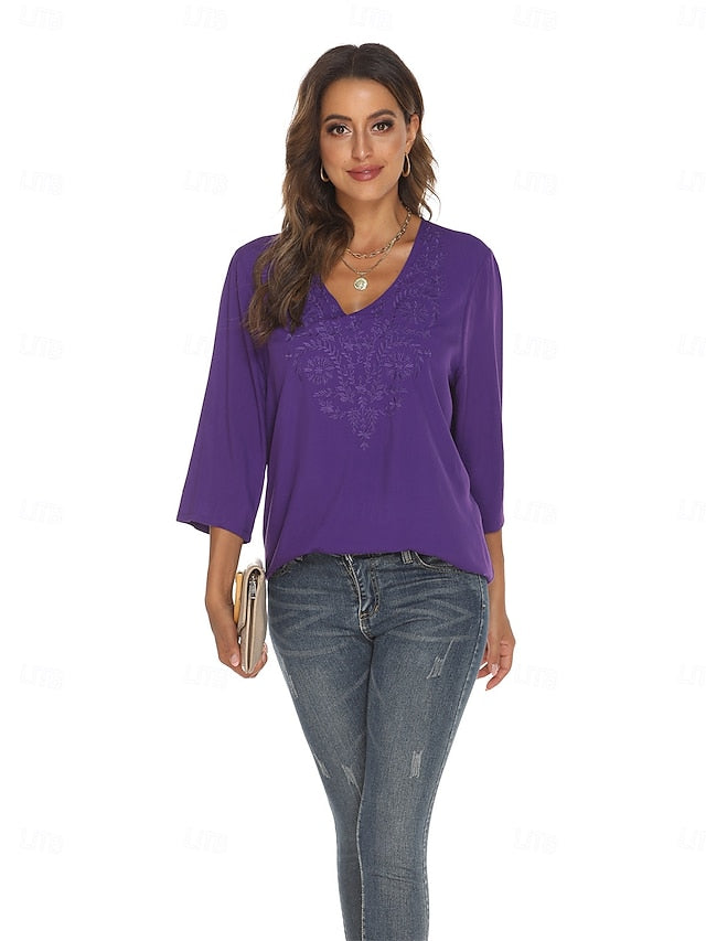 Women's Boho Shirt Embroidered Floral Bohemia Casual 3/4