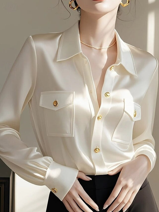 Women's Shirt Elegant Satin Top Blouse Pocket Buttons Plain
