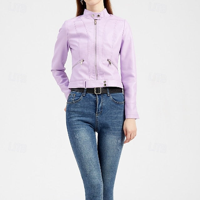 Jacket Pocket Leather Women's Zipper Faux Comfortable