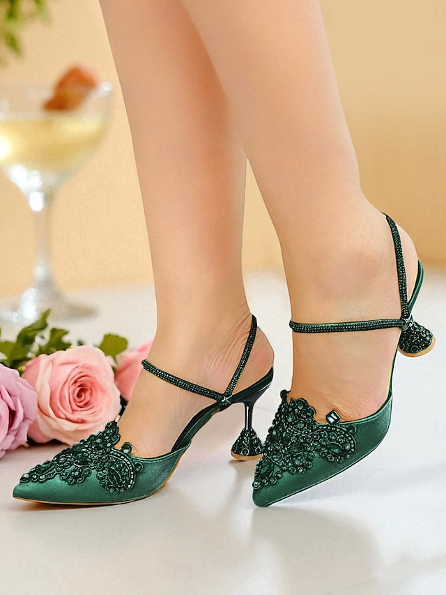 Rhinestone Toe Women's Pointed Embellished Satin Gold
