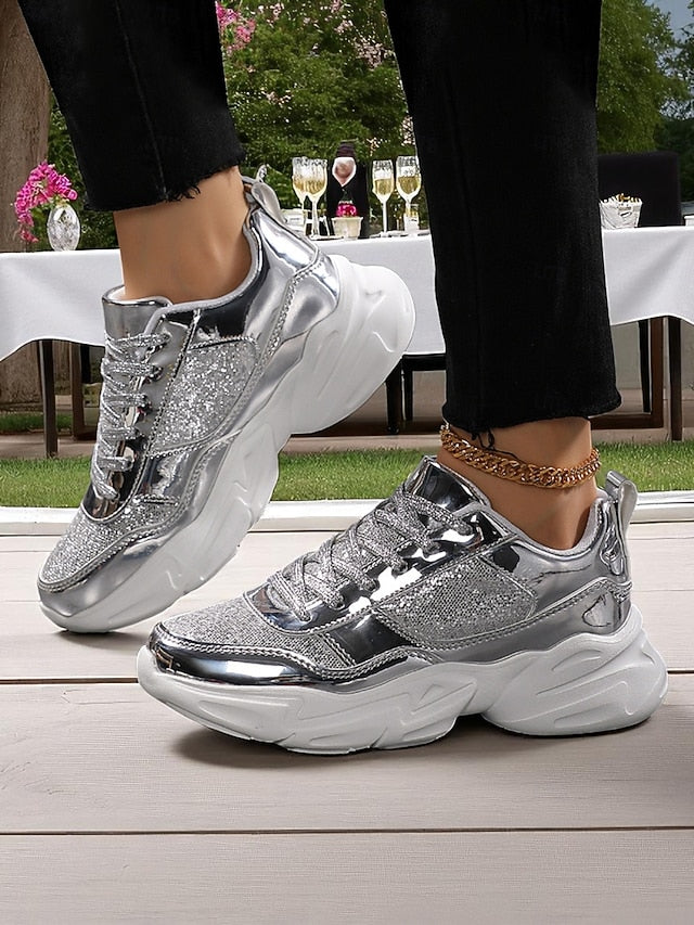with Chunky Platform Metallic Sneakers Women's Glitter