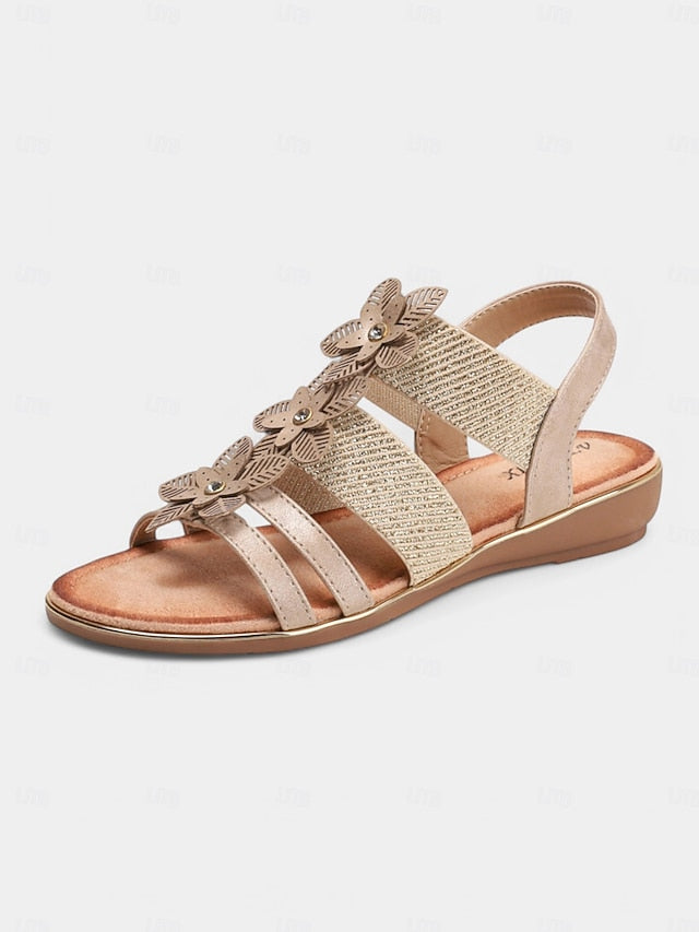Sandals Elegant Beige – Flat Rhinestone Women's Floral
