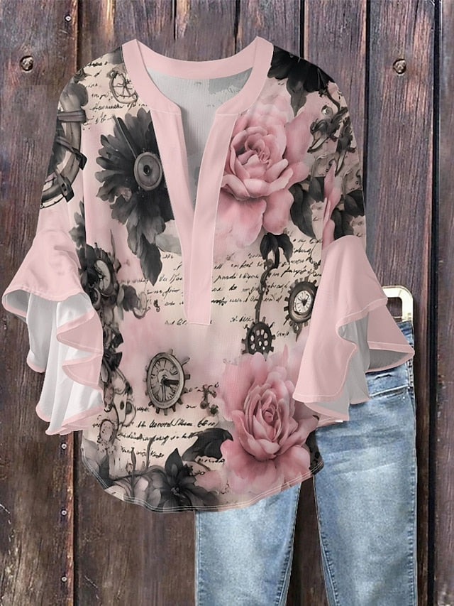 Women's Blouse Ruffle Print Floral Stylish Modern 3/4