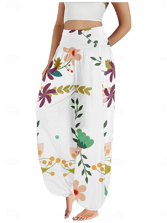 Women's Faux Cotton Linen Wide Leg Pants Trousers Ethnic