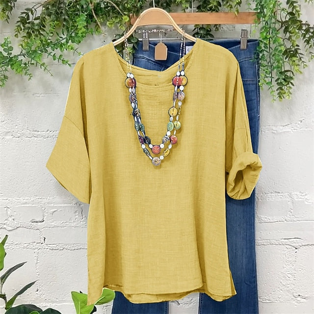 Women's Shirt Cotton Blend Summer Tops Plain Daily Stylish