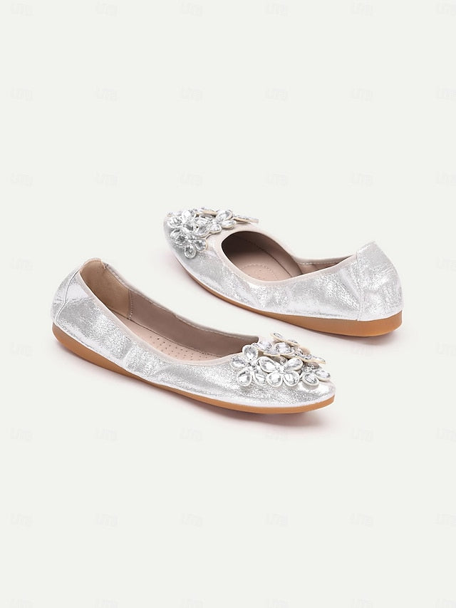 Women's Flats Foldable Silver with Rhinestone
