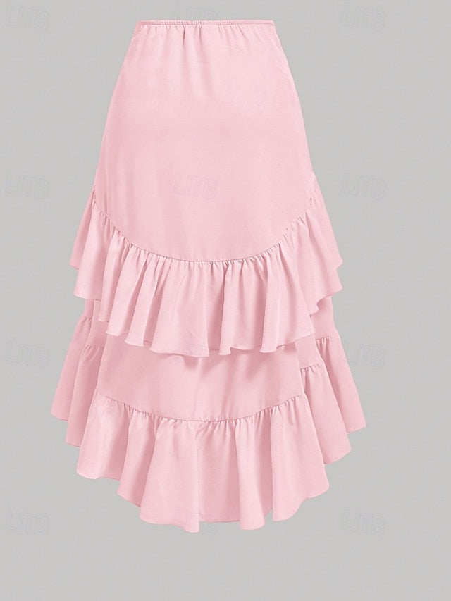 Women's Cute Casual Maxi Mid Rise Skirts Plain Ruffle Print