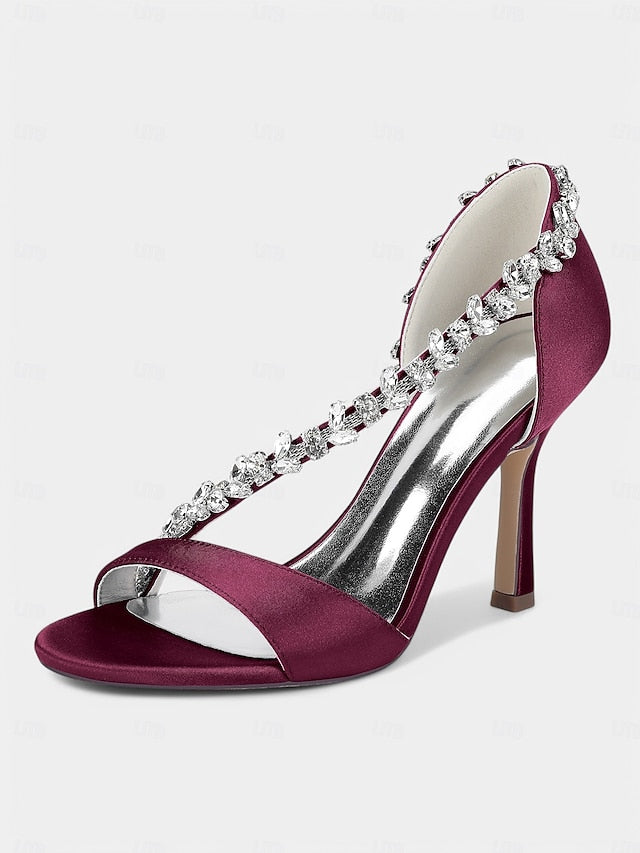 – Satin Champagne Crystal High Women's Heels T-Strap with