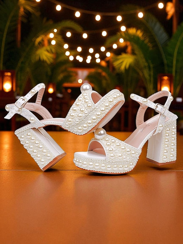 White Sandals Heel Embellished Platform Pearl Block Women's
