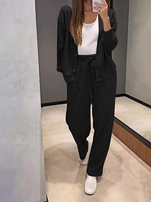 Women's Blouse Pants Sets Long Sleeve V Neck Solid Color