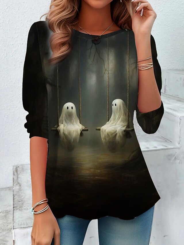 Women's T shirt Ghost Long Sleeve Crew Neck Long Sleeve
