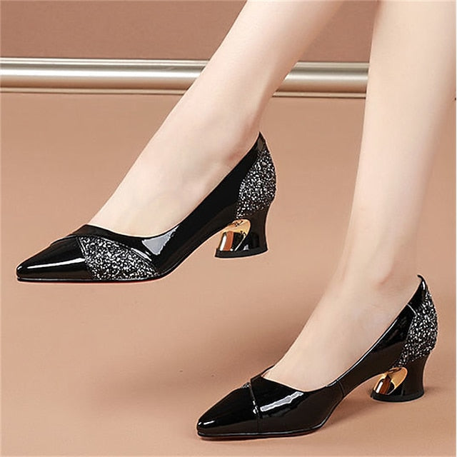 Faux Leather Heels Block Women's Patent Glitter-Accented